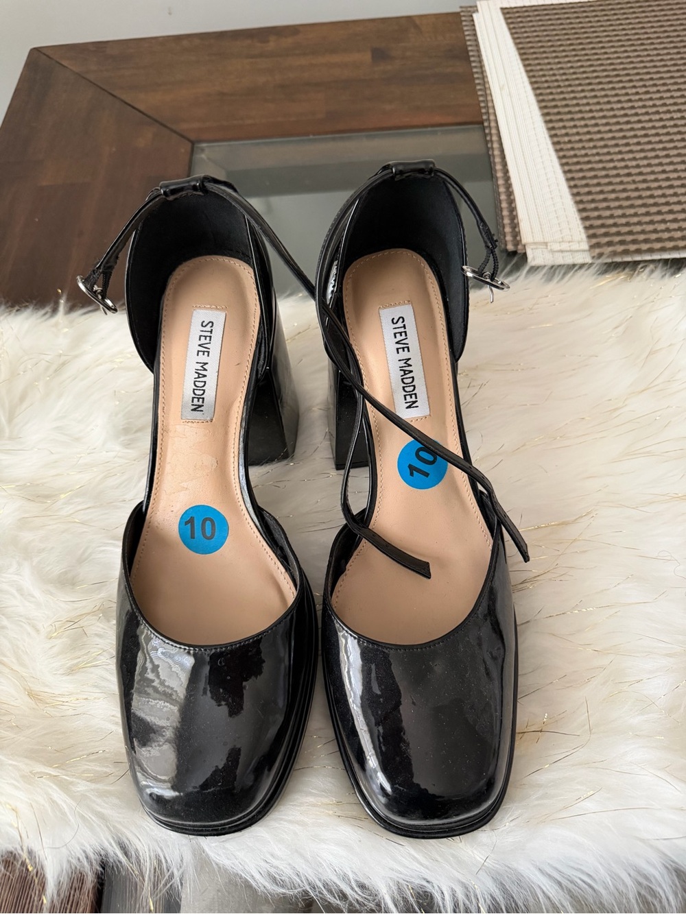 Steve Madden Black Patent Block Heel Mary Janes with Ankle Strap